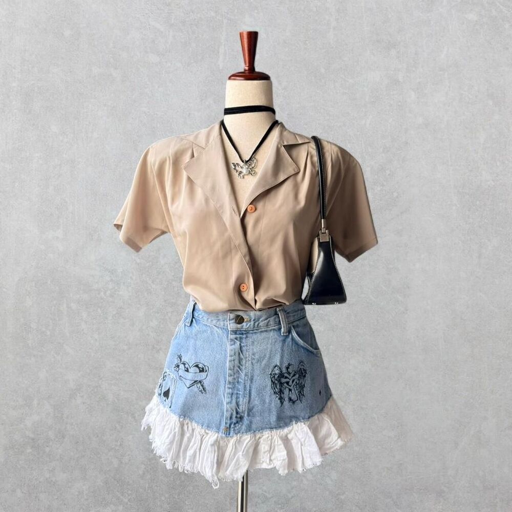 Vintage 80s Petite Dimensions Beige Short Sleeve Button Up Sz 4